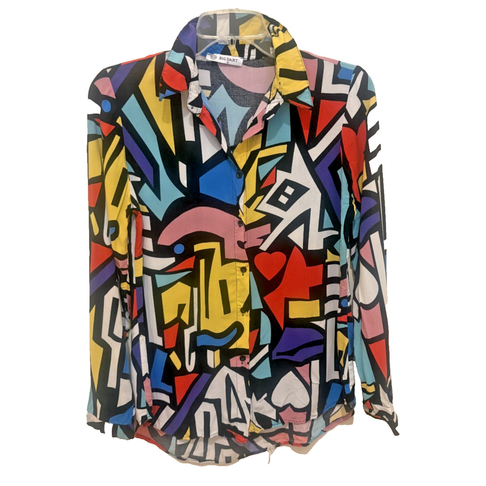 Vintage Big Dart Geometric Art Print Button Down Long Sleeve Shirt Multicolor Sm